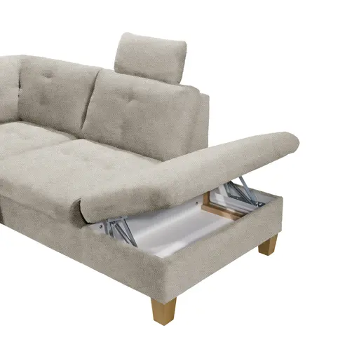 Wohnlandschaft - Ecke links, 2-Sitzer, Longchair rechts inkl. Schlaffunktion mit Bettkasten, Stoff, Hellgrau