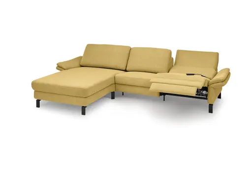 Ecksofa CALM PREMIUM 2.0 - Longchair links mit 3-Sitzer, Relaxfunktion motorisch, Armlehne verstellbar, Stoff, Kurkuma
