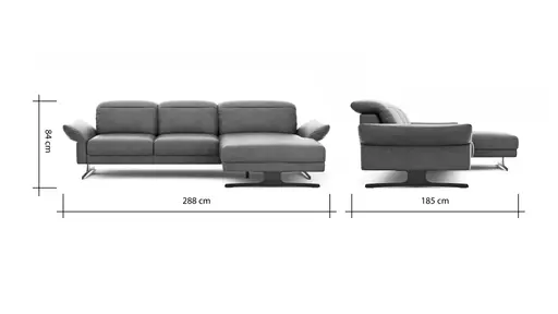 Ecksofa Rockport B - 2,5-Sitzer mit Longchair rechts inkl. Kopfteil/Sitztiefe/Armlehne verstellbar, Leder, Grau