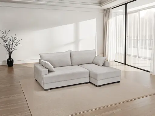 Ecksofa - 2-Sitzer mit Longchair rechts, Schlaffunktion mit Bettkasten, Stoff, Sand