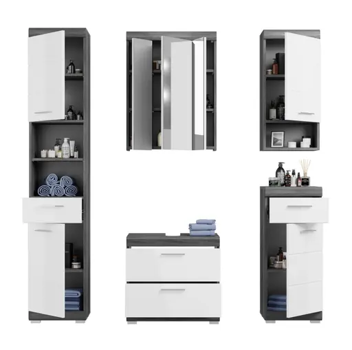 Hochschrank - B ca. 37 cm, Rauchsilber, Weiß Hochglanz