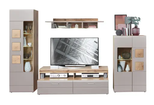 Wohnwand - mit Beleuchtung, Eiche Altholz Nachbildung, Kaschmir