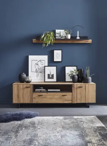 Lowboard Blackpool - Eiche massiv mit Metallrahmen schwarz und Holzbalken