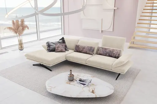 Ecksofa - Longchair links mit 2,5-Sitzer, Kopfteil/Armlehne verstellbar, Stoff,Graubeige