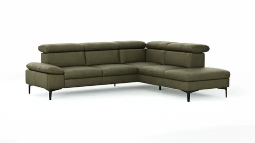 Ecksofa Felipa - 2,5-Sitzer mit Ecke rechts inkl. Kopfteil verstellbar, Leder, Olive