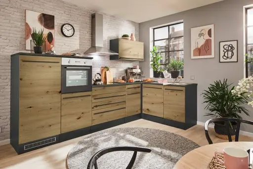 Küchenblock Eck- ohne E-Geräte, B ca. 320 cm, Anthrazit, Eiche Dekor