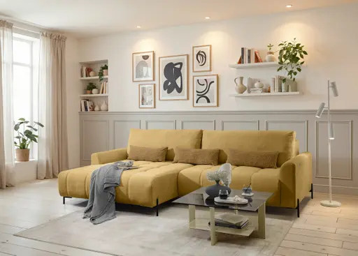 Ecksofa - Longchair links mit 2-Sitzer, Sitztiefe verstellbar motorisch, Stoff, Senfgelb