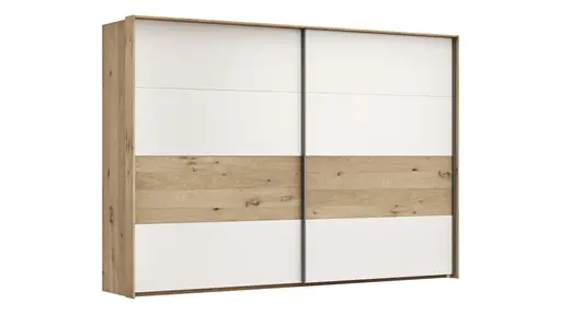 Schwebetürenschrank Viana - B ca. 308 cm, Furnier, Balkeneiche, Weiß