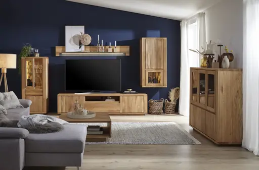 Wohnwand Bakersfield - inkl. Beleuchtung, sichtbare Rückwände mit Holzschindeln/Schubladenfront mit Schroppung, Asteiche massiv, geölt