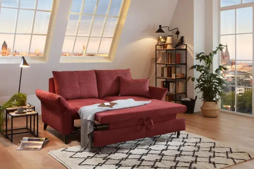 Sofa - 2-Sitzer, Schlaffunktion (manuell), Flachgewebe, Weinrot