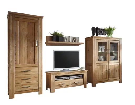 Wohnwand - mit Beleuchtung, Wildeiche teilmassiv