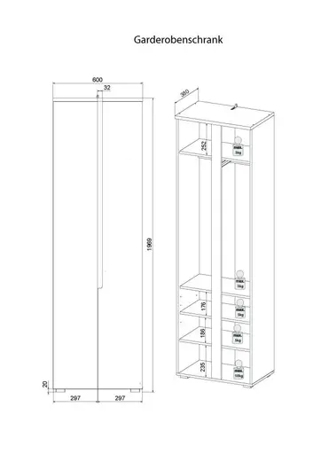 Garderobenschrank - B ca. 60 cm, Weiß, Weiß Hochglanz, Anthrazit