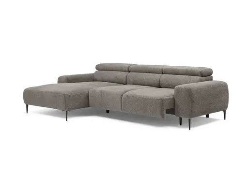 Ecksofa - Longchair links mit 2-Sitzer, Sitzvorzug motorisch, Kopfteil verstellbar, Stoff, Sand