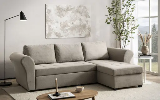 Ecksofa - 2-Sitzer mit Longchair rechts inkl. Schlaffunktion mit Bettkasten, Stoff, Trüffel