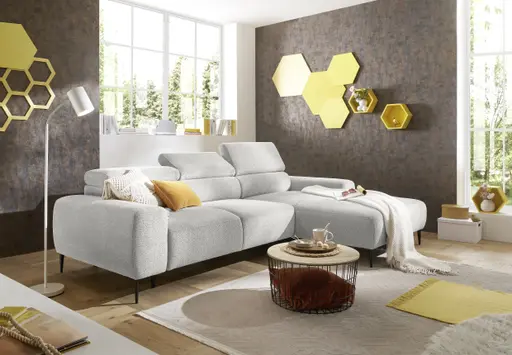 Ecksofa - 2-Sitzer mit Longchair rechts, Sitzvorzug motorisch, Kopfteil verstellbar, Stoff, Creme
