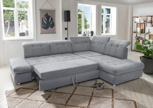 Ecksofa - Schlaffunktion mit Bettkasten (manuell), 2-Sitzer, Ecke rechts, Grau, Webstoff