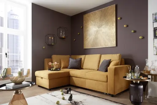 Ecksofa PRO FLEXX - Ecke links, 2-Sitzer inkl. Schlaffunktion und Bettkasten, Stoff, Senfgelb