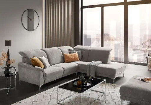 Ecksofa - 3-Sitzer mit Ecke rechts, Kopfteil verstellbar, Stoff, Grau