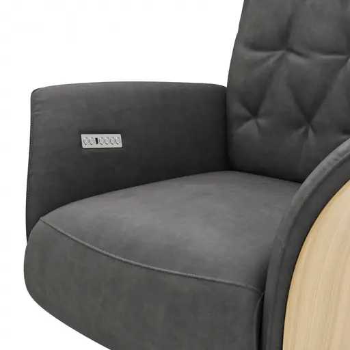 Drehsessel Aberdeen - Größe M, inkl. Relaxfunktion (motorisch), Aufstehhilfe, Holzblende furniert, Eiche, Stoff, Anthrazit