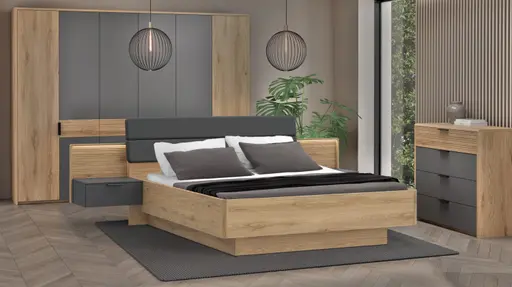 Bettgestell FALLEA- Liegefläche ca. 180x200 cm, inkl. 2 Nakos, Wildeiche Natur, Dunkelgrau