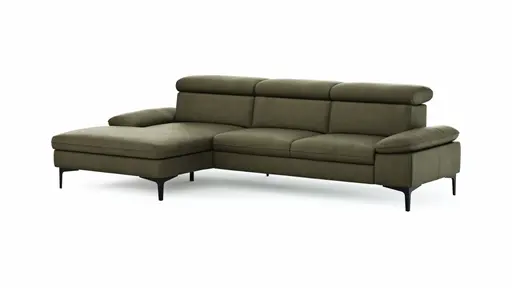 Ecksofa Felipa - Longchair links mit 2,5-Sitzer inkl. Kopfteil verstellbar, Leder, Olive