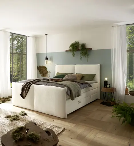 Boxspringbett SANDRIN L- Liegefläche ca. 200x200 cm, Stoff, Weiß, inkl. Stauraum und Fußteil