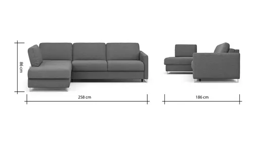 Ecksofa Nuoro - Longchair links mit 2-Sitzer inkl. Schlaffunktion und Bettkasten, Stoff, Rubin