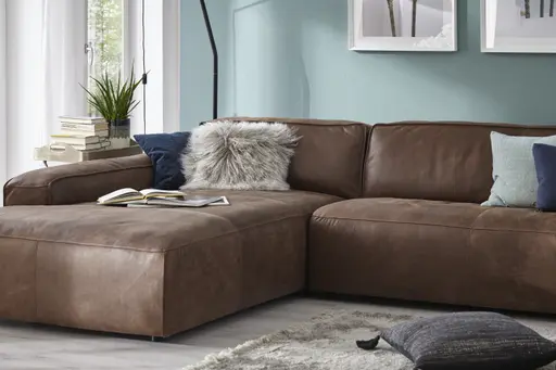 Ecksofa Denver - Longchair links mit 2,5-Sitzer, Leder, Braun