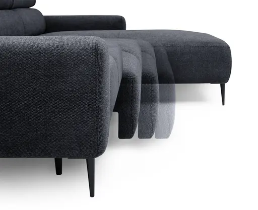 Ecksofa - 2-Sitzer mit Longchair rechts, Sitzvorzug motorisch, Kopfteil verstellbar, Stoff, Schwarzgrau
