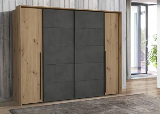 Schwebe-/Drehtürenschrank FAHDA - B. ca. 270 cm, mit Passepartout, Eiche Artisan Dekor, Betonoptik