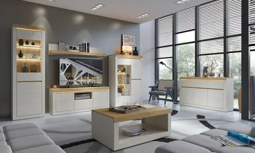 Vitrine - mit Beleuchtung, B ca. 104 cm, Kaschmir, Stone Eiche Nachbildung