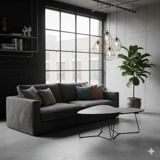 Couchtisch - 2er Set, Betonoptik dunkel, Schweizer Kante, Schwarz