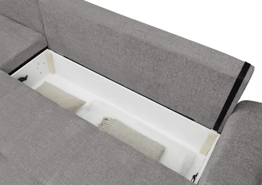 Ecksofa - Longchair links mit 2-Sitzer, Schlaffunktion mit Bettkasten, Stoff, Steingrau