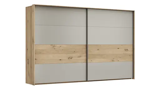 Schwebetürenschrank Viana - B ca. 338 cm, Furnier, Balkeneiche, Hellgrau