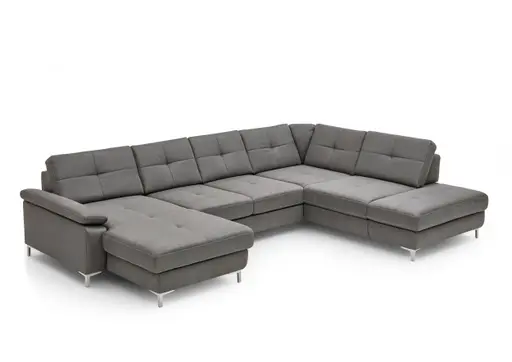 Wohnlandschaft - Longchair links mit 2,5-Sitzer und Ecke rechts, Sitztiefe verstellbar, Stoff, Eisengrau