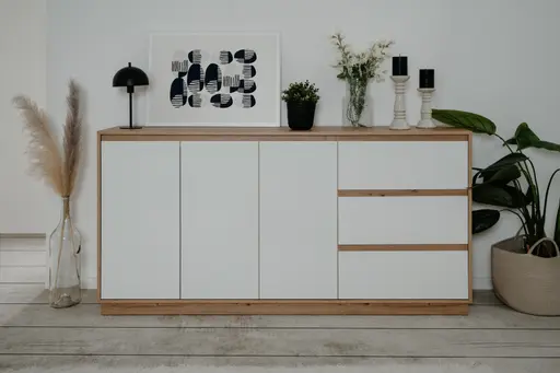 Sideboard - B ca. 178 cm, Artisan Eiche Nachbildung, Weiß Hochglanz