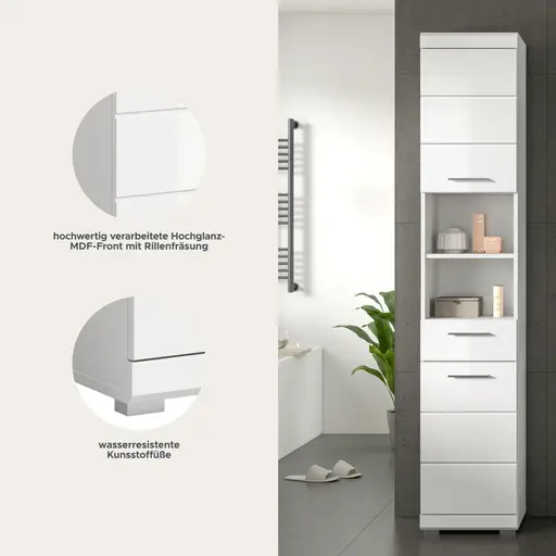 Hochschrank - B ca. 37 cm, Weiß, Weiß Hochglanz