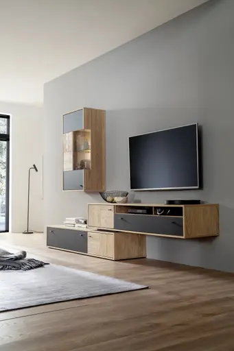 Wohnwand - mit Beleuchtung,  Balkeneiche massiv, Absetzung Glas Anthrazit