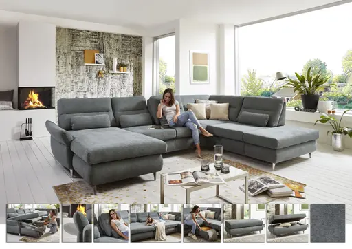 Wohnlandschaft - Longchair links mit 2,5-Sitzer und Ecke rechts, inkl. Sitztiefe verstellbar, Stoff Grau