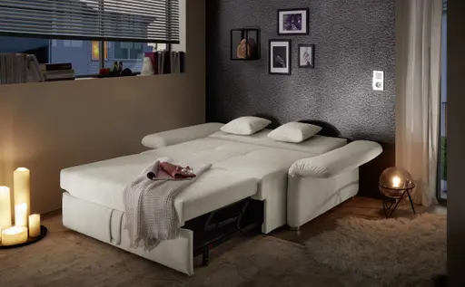 Sofa JORDEN - 1,5-Sitzer inkl. Schlaffunktion mit Bettkasten, verstellbare Armlehnen, Stoff, Creme