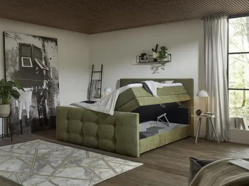 Boxspringbett SANDRIN I- Liegefläche ca. 200x200 cm, Stoff, Grün,  inkl. Stauraum und Fußteil