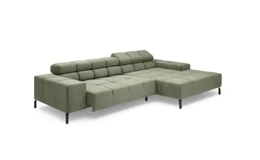 Ecksofa CLIVIA -  2-Sitzer mit Longchair rechts, Sitzvorzug motorisch, Kopfteil verstellbar, Feincord, Olive