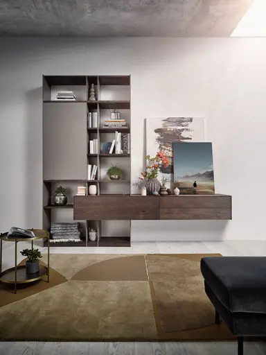 Wohnwand Mileto - Asteiche massiv gebürstet, Tabak geölt