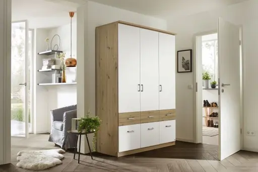 Drehtürenschrank ROYAN- B ca. 136 cm, Eiche Dekor, Weiß