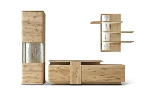 Wohnwand - mit Beleuchtung, Eiche teilmassiv