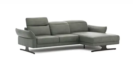 Ecksofa Rockport B - 2,5-Sitzer mit Longchair rechts inkl. Kopfteil/Sitztiefe/Armlehne verstellbar, Leder, Grau