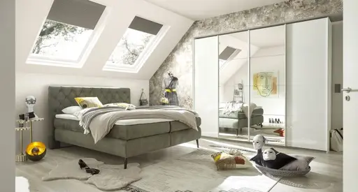 Schwebetürenschrank RIKK- B ca. 271 cm, Weiß, Weiß Hochglanz, Spiegel