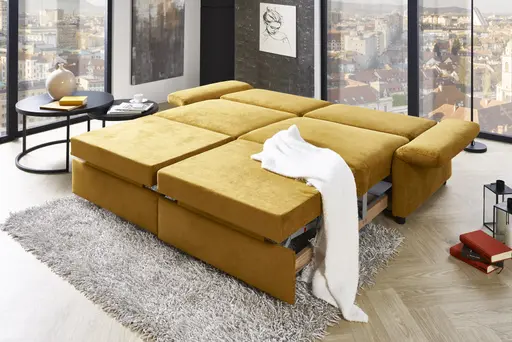 Sofa - 2-Sitzer mit Schlaffunktion, Stoff, Senfgelb