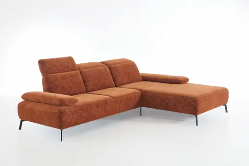 Ecksofa - 2,5-Sitzer mit Longchair rechts, Kopfteil/Armlehne/Rücken verstellbar, Stoff, Rost