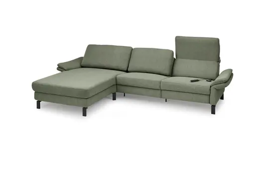 Ecksofa CALM PREMIUM 2.0 - Longchair links mit 3-Sitzer, Relaxfunktion motorisch, Armlehne verstellbar, Stoff, Dunkelgrün
